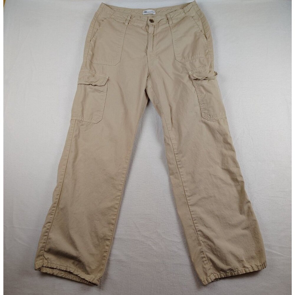 Zara Khaki Pants Womens 10 Straight Leg HIgh Rise Cargo Pockets